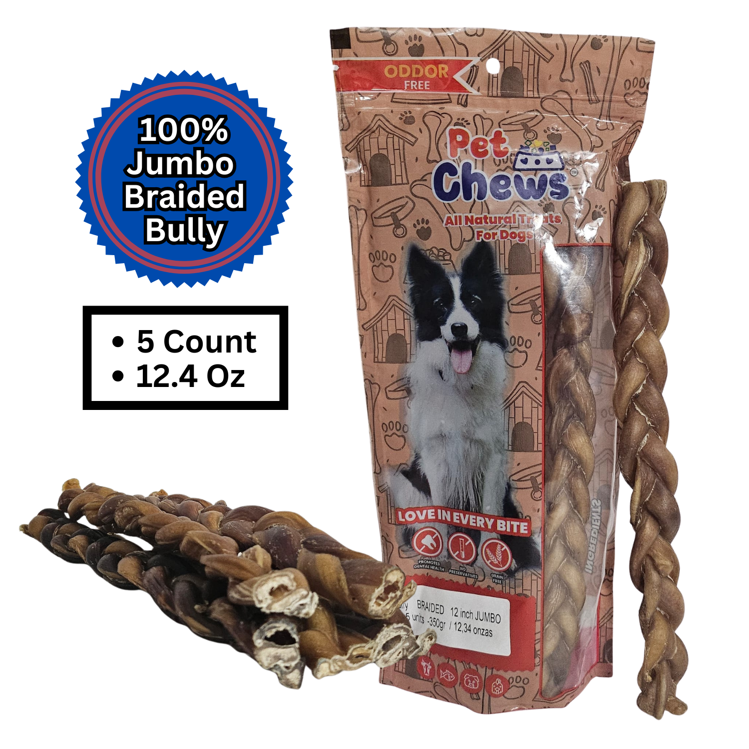 12" JUMBO BRAIDED Bully Sticks - 70g Each | Heavy Duty Chews (5 Pack)