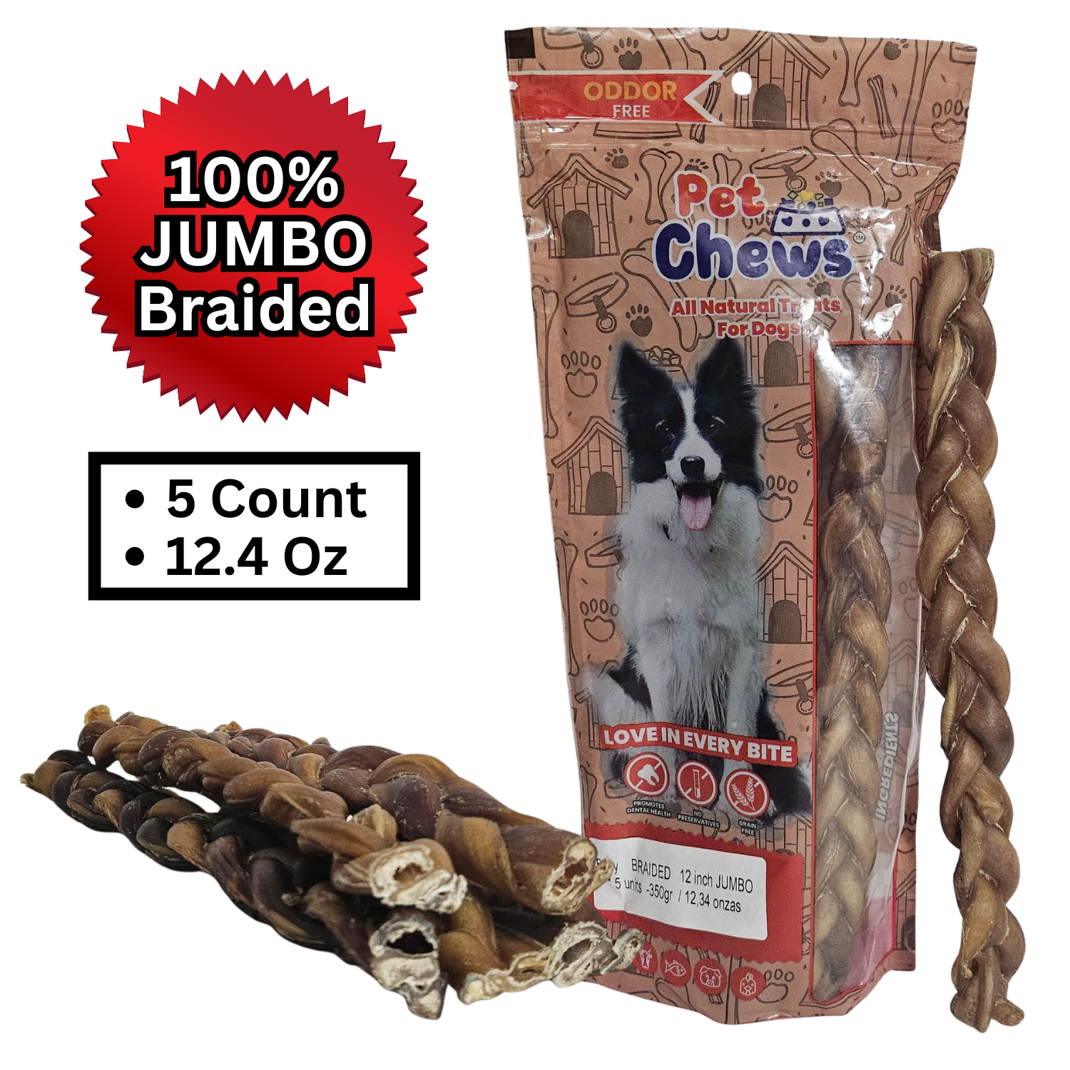 12" JUMBO BRAIDED Bully Sticks - 70g Each | Heavy Duty Chews (5 Pack)