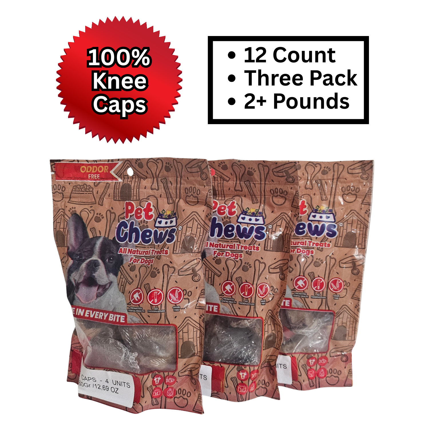 Premium Natural Beef Knee Caps for Dogs (3-Pack) 12 Count