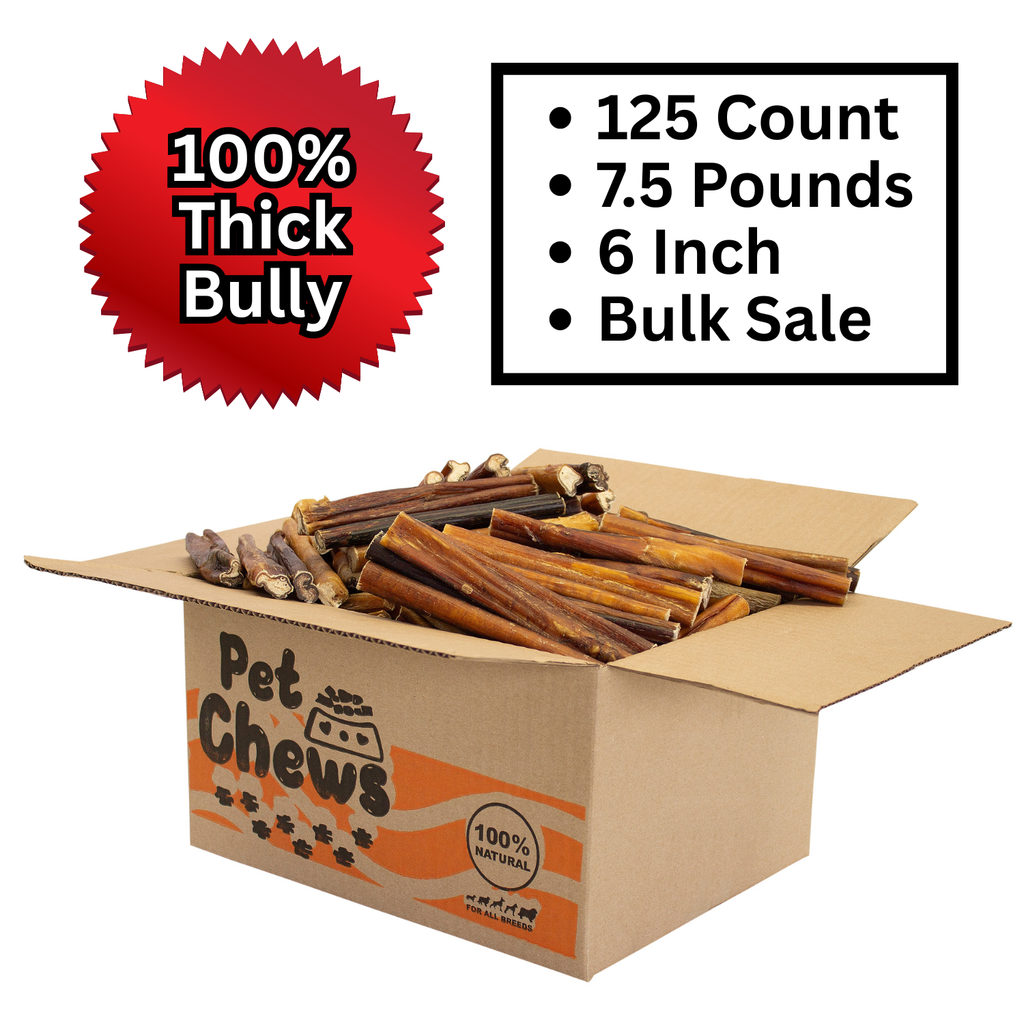 THICK Bully Sticks Bulk Box- 125 Count (7.5 lbs) | 100% Natural Beef Chews