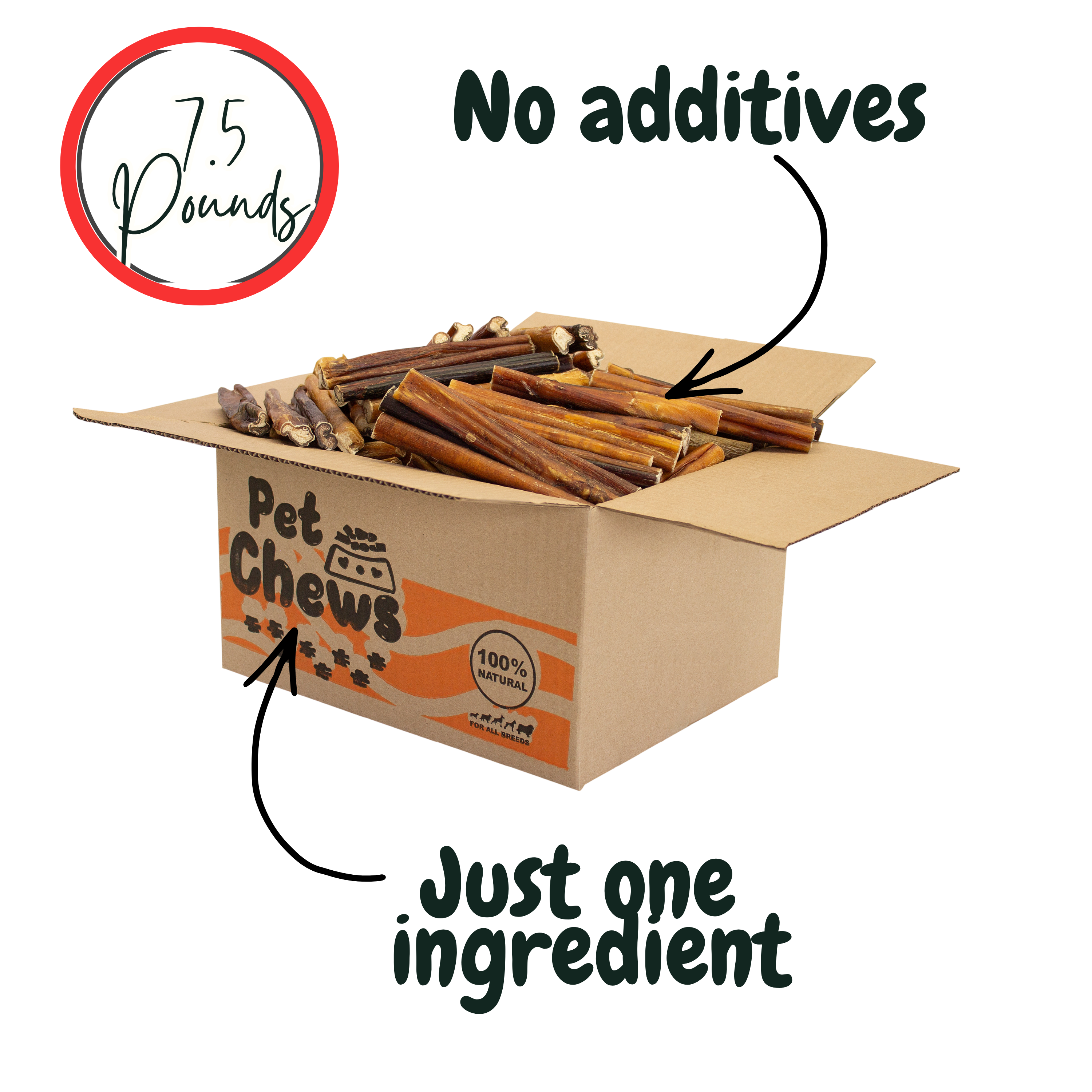 THICK Bully Sticks Bulk Box- 125 Count (7.5 lbs) | 100% Natural Beef Chews