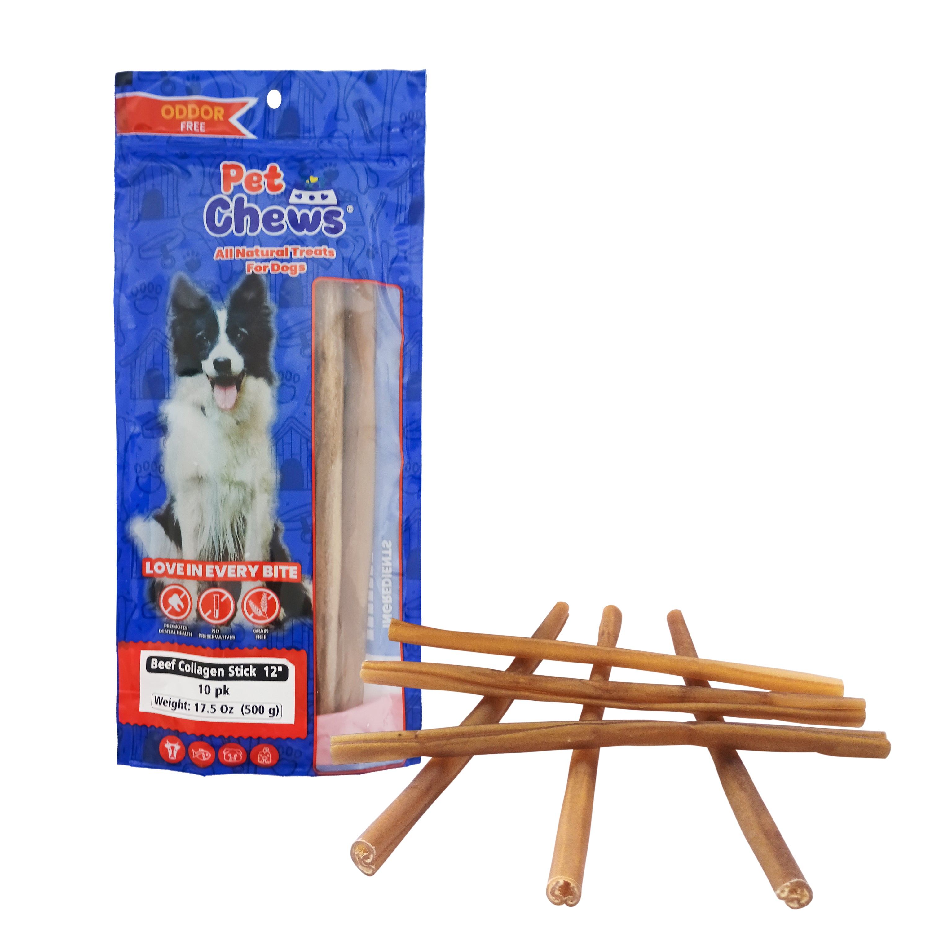 12" Natural Beef Collagen Sticks (10-Pack, 500grs) | Odor-Free & Rawhide-Free