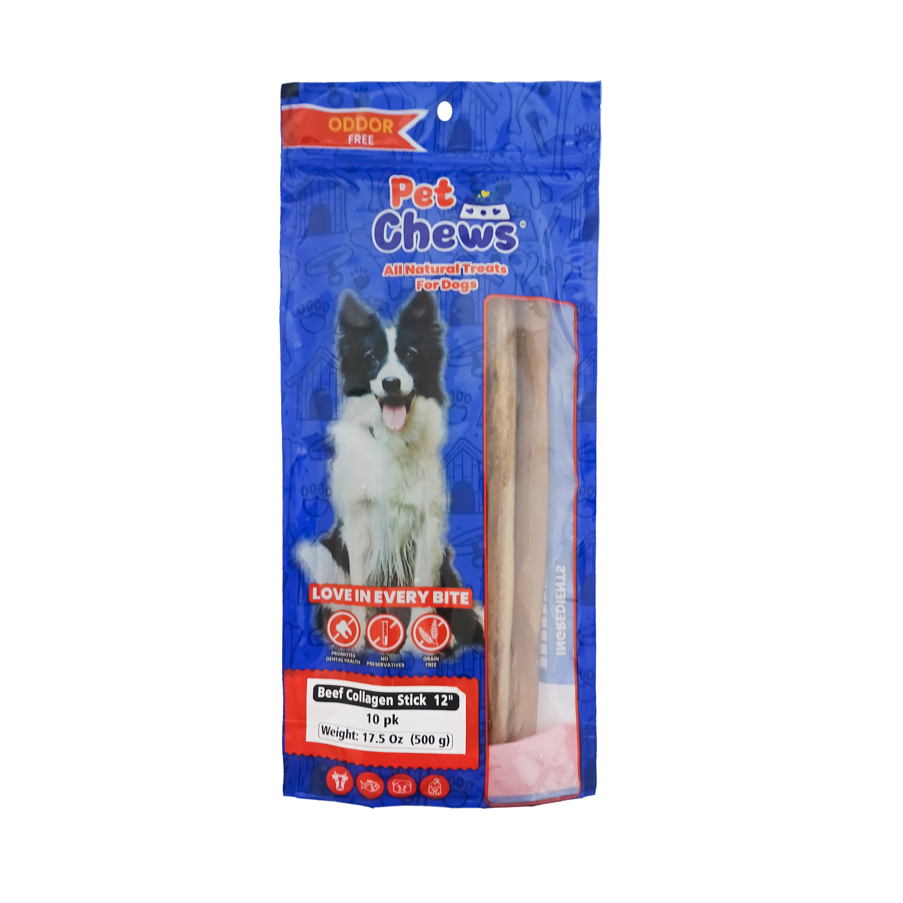 12" Natural Beef Collagen Sticks (10-Pack, 500grs) | Odor-Free & Rawhide-Free