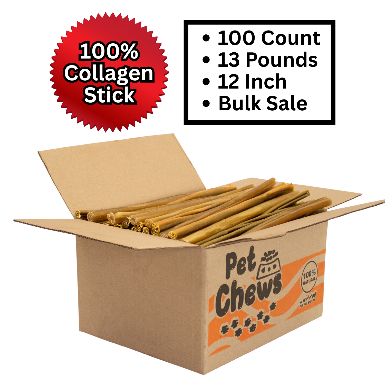 Premium Beef Collagen Sticks for Dogs – 12" | 13 Lb Bulk Pack (100 Count)
