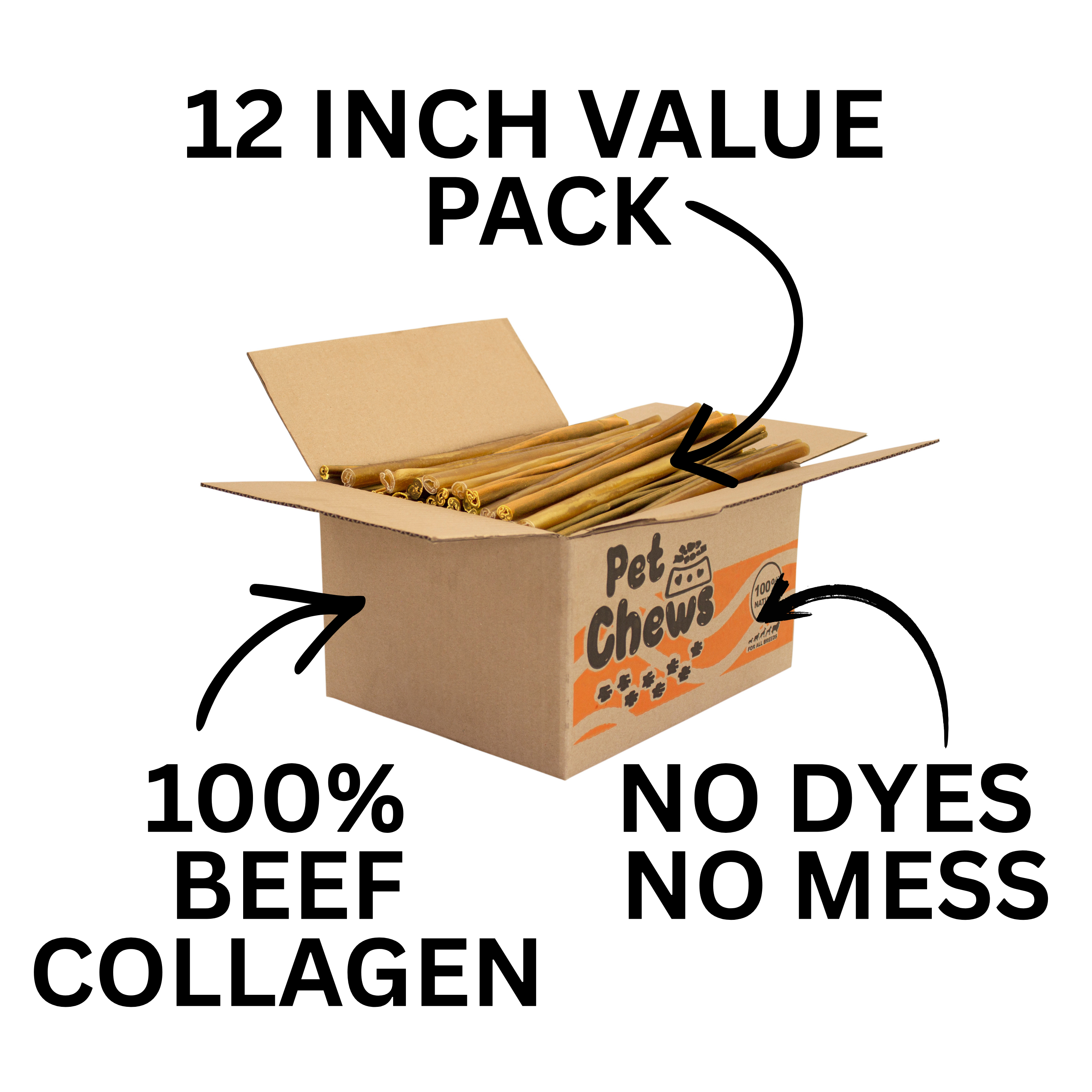 Premium Beef Collagen Sticks for Dogs – 12" | 13 Lb Bulk Pack (100 Count)