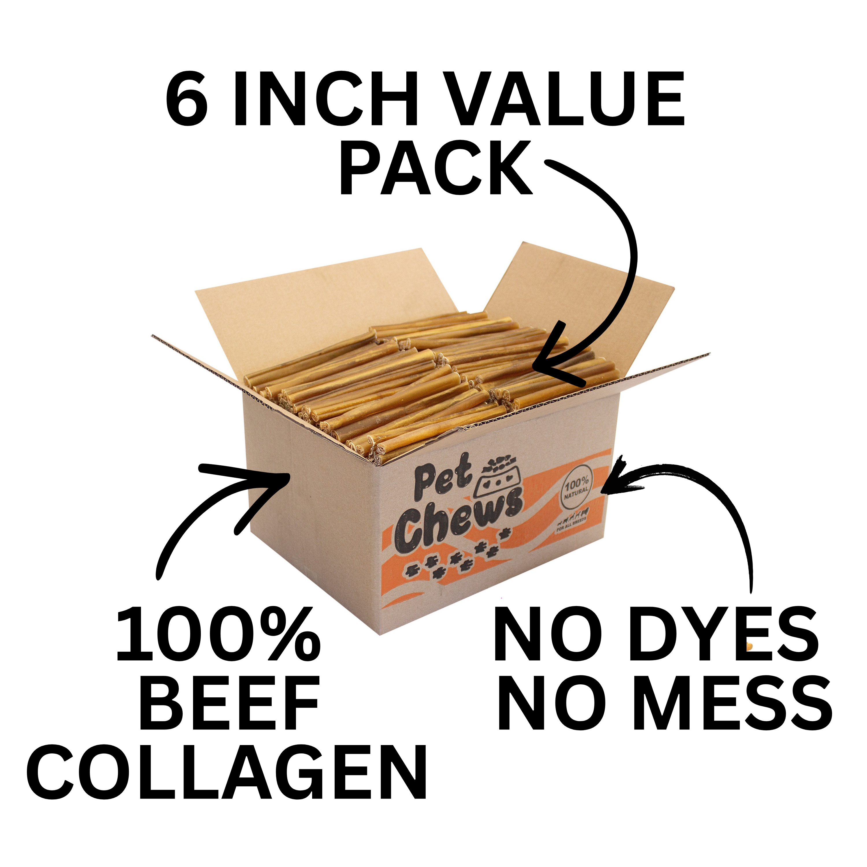 Premium Beef Collagen Sticks for Dogs – 6" | 7 Lb Bulk Pack (125 Count)