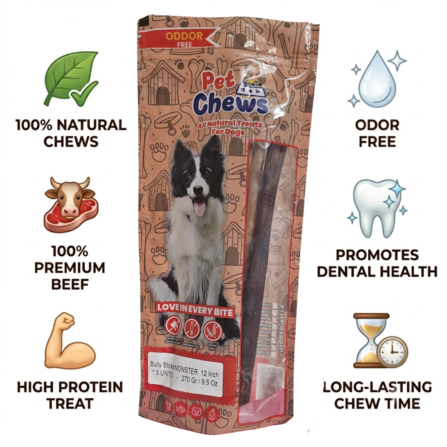 12" MONSTER Bully Sticks - 90g Each | Heavy Duty Chews (3 Pack)