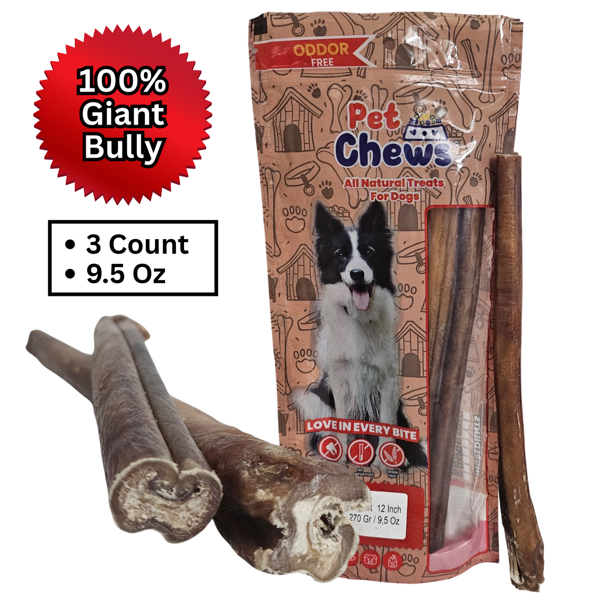 12" Giant Bully Sticks - 90g Each | Heavy Duty Chews (3 Pack)