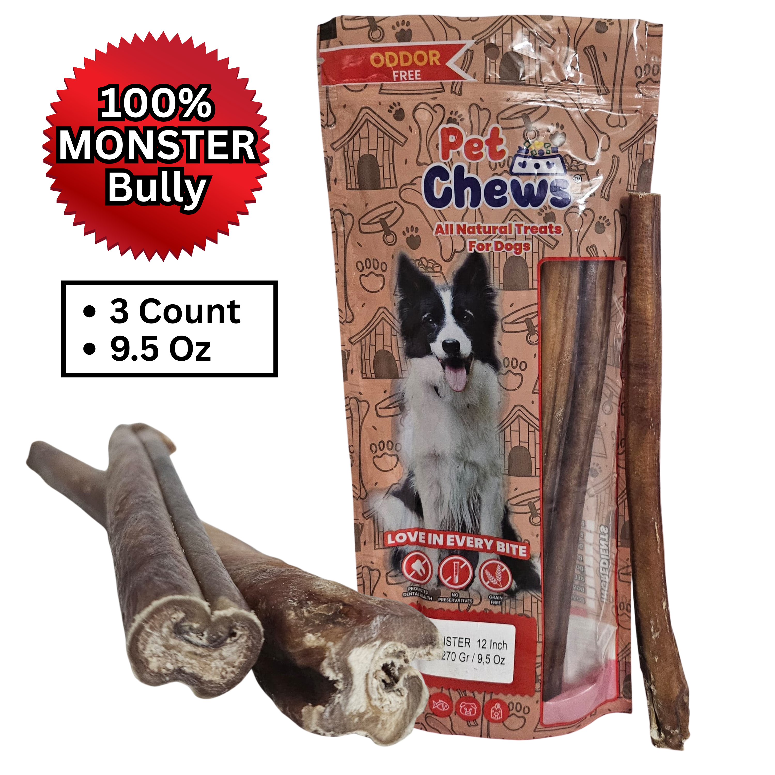 12" MONSTER Bully Sticks - 90g Each | Heavy Duty Chews (3 Pack)
