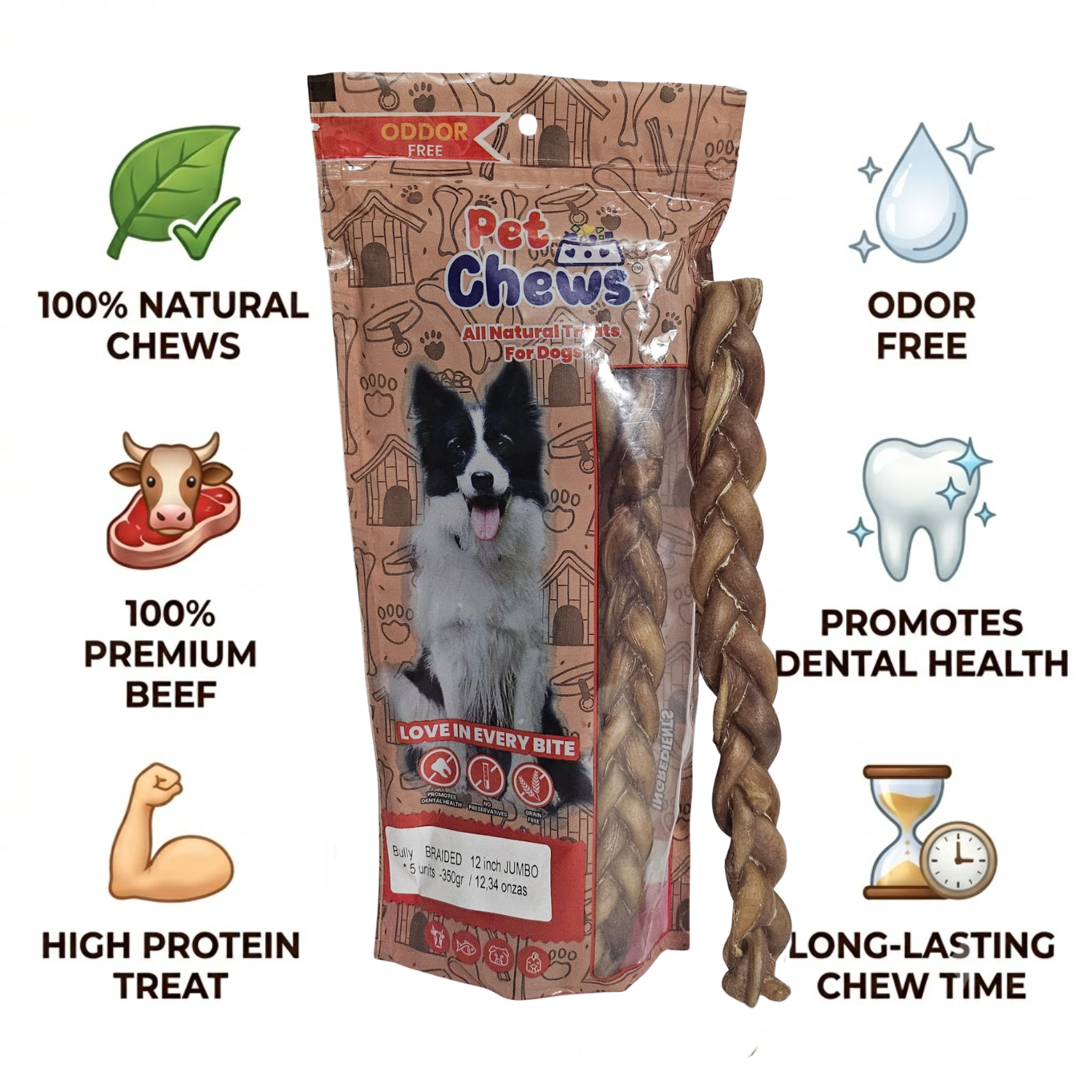 12" JUMBO BRAIDED Bully Sticks - 70g Each | Heavy Duty Chews (5 Pack)