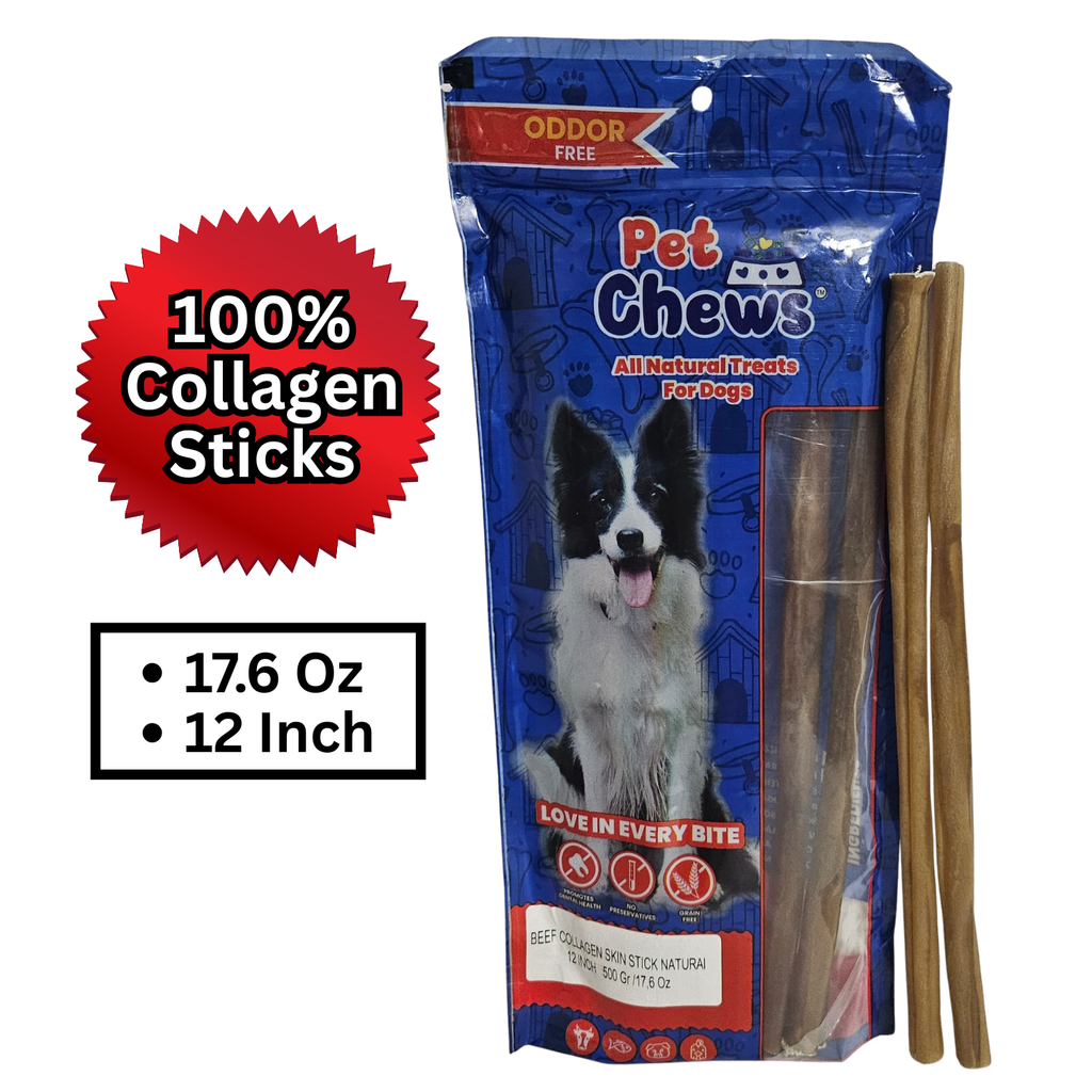 12" Natural Beef Collagen Sticks (10-Pack, 500grs) | Odor-Free & Rawhide-Free