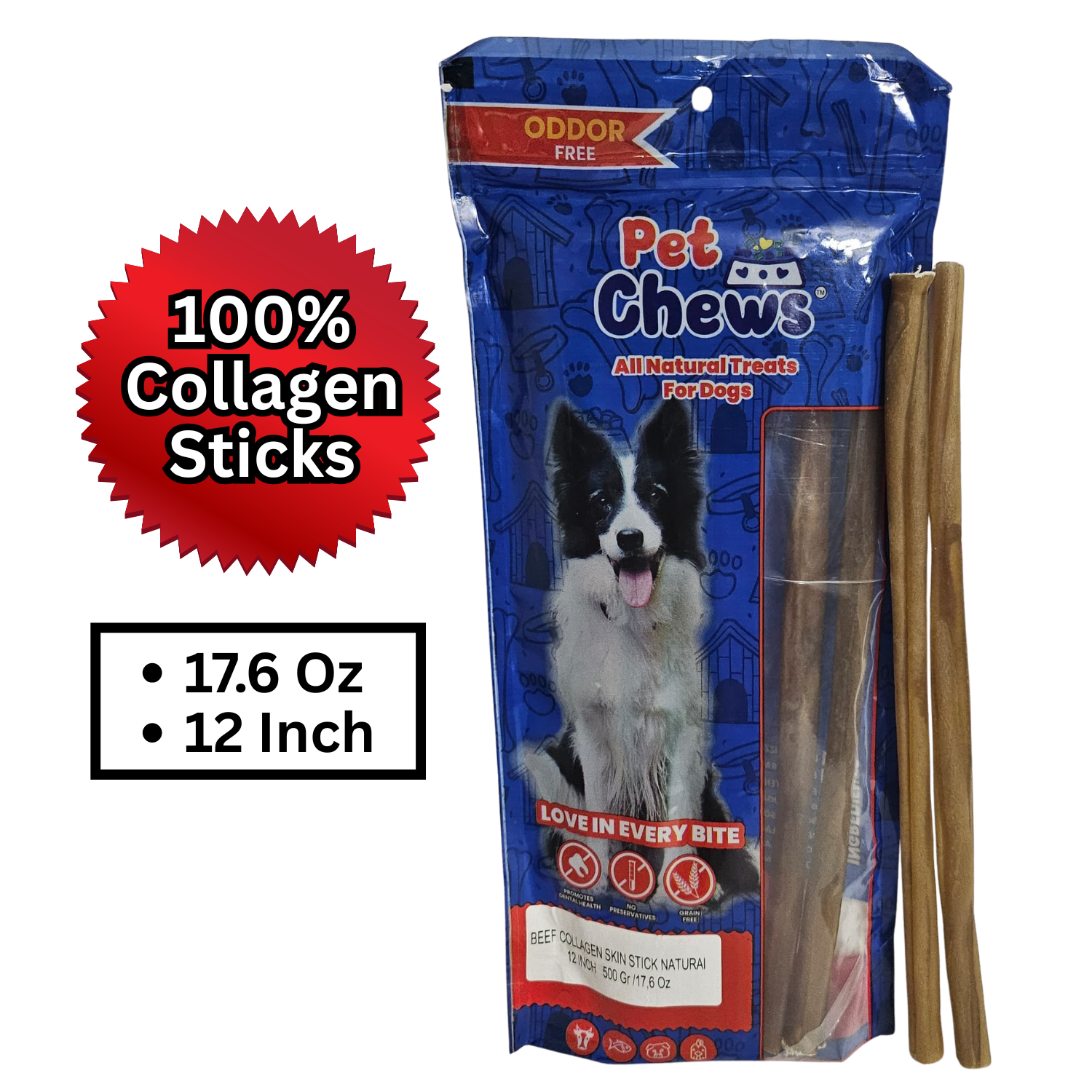 12" Natural Beef Collagen Sticks (10-Pack, 500grs) | Odor-Free & Rawhide-Free