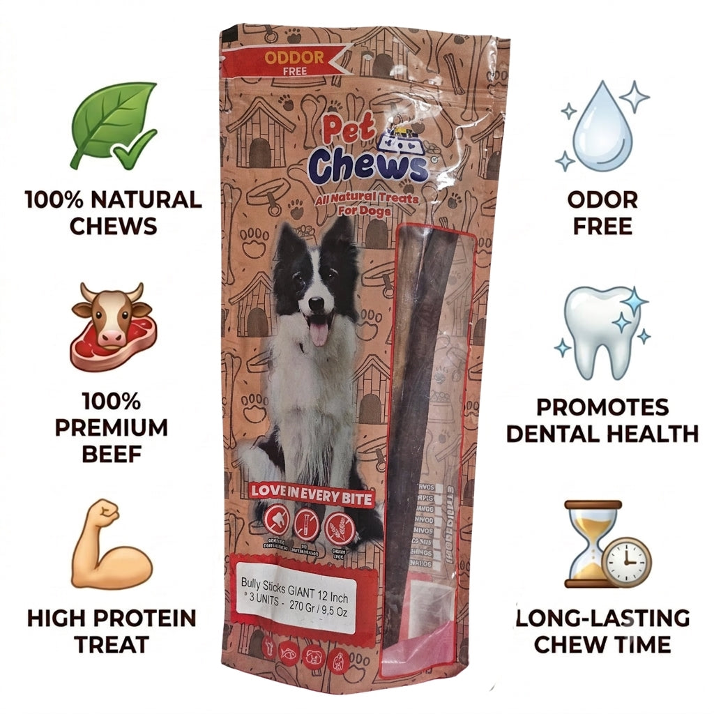 12" Giant Bully Sticks - 90g Each | Heavy Duty Chews (3 Pack)
