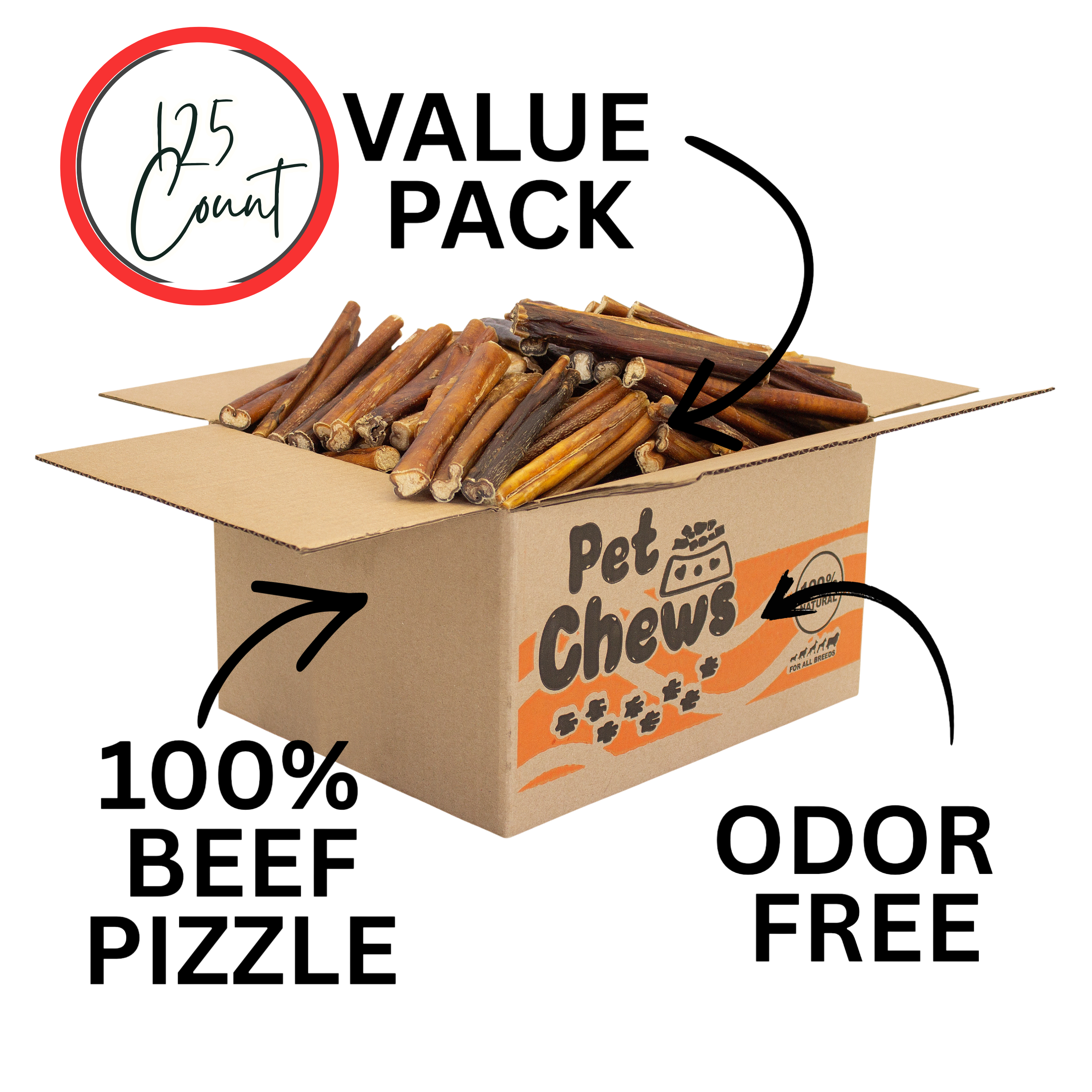 THICK Bully Sticks Bulk Box- 125 Count (7.5 lbs) | 100% Natural Beef Chews